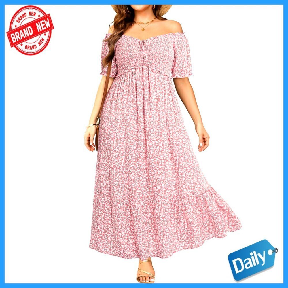 Plus Size Off Shoulder Puff Sleeve A-Line Maxi Dress Summer Boho